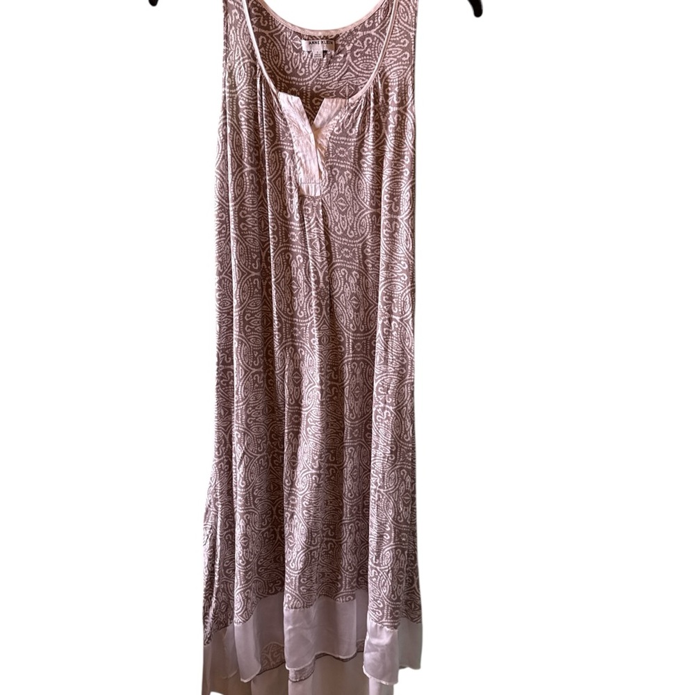 Anne Klein Dress Sz S Maxi High Low Cream Brown Patterned Sleeveless VNeck